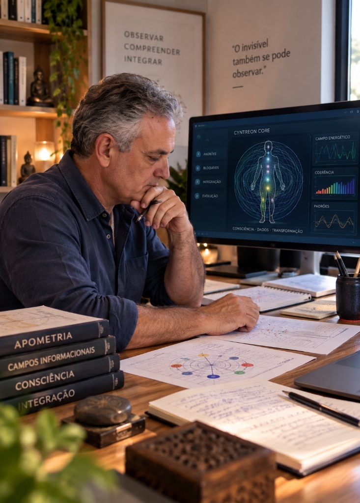 Mestre Ricardo analisando biocampo e gráficos Cyntreon Core no laboratório